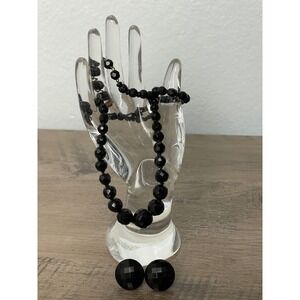 Western Germany Black Faceted Bead Necklace & Matching Earrings Set Vintage